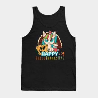 Happy HalloThanksMas Unicorn Funny Halloween Christmas Thanksgiving Tank Top